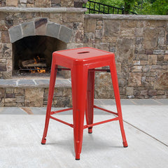 24" High Backless Red Metal Indoor-Outdoor Counter Height Stool with Square Seat