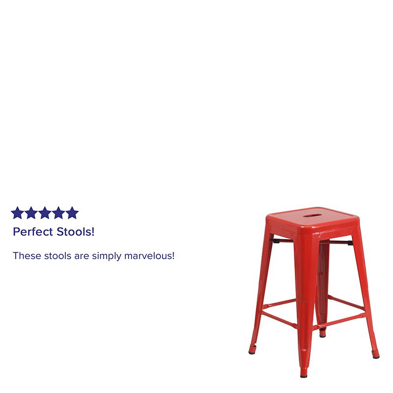 24" High Backless Red Metal Indoor-Outdoor Counter Height Stool with Square Seat