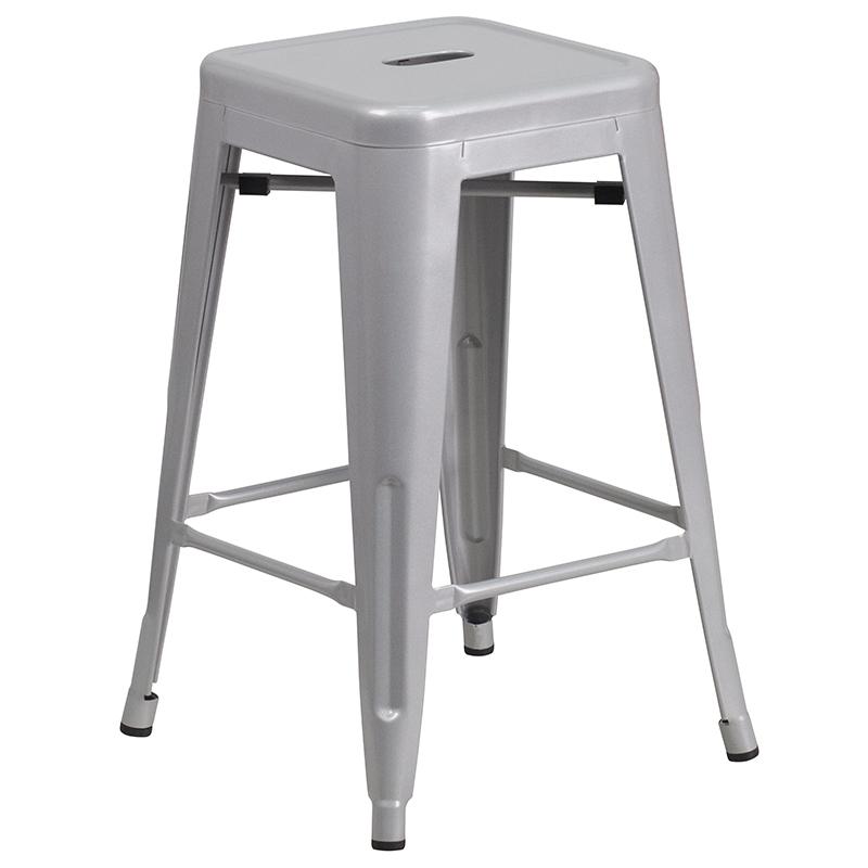 24" High Backless Silver Metal Indoor-Outdoor Counter Height Stool with Seat