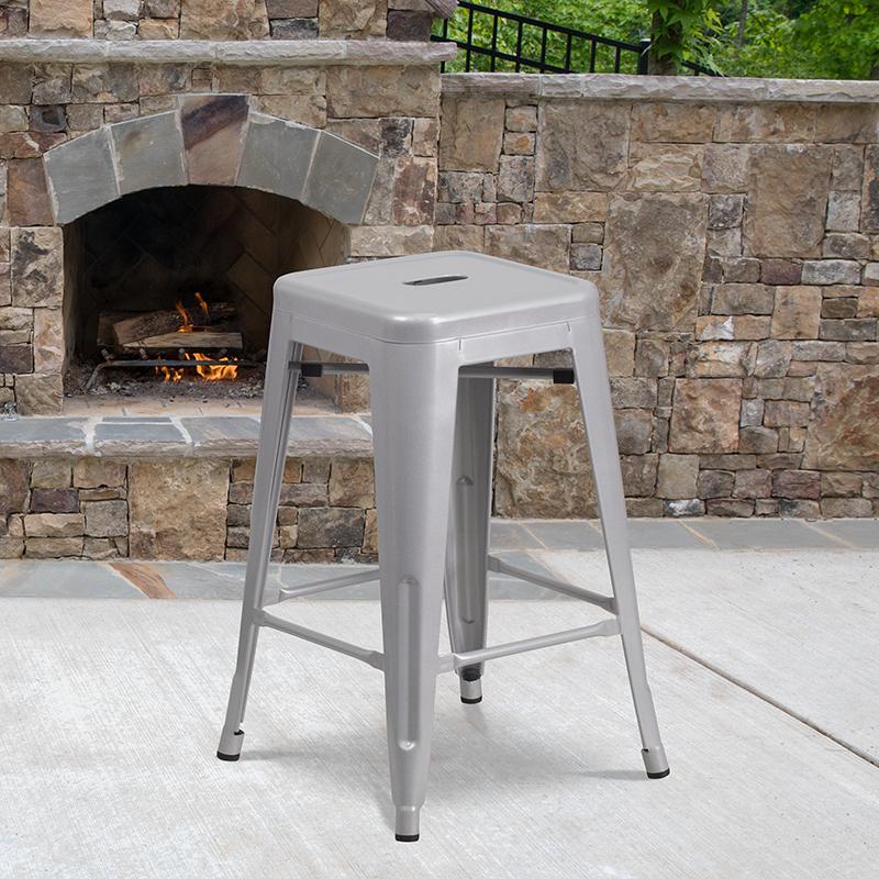 24" High Backless Silver Metal Indoor-Outdoor Counter Height Stool with Seat