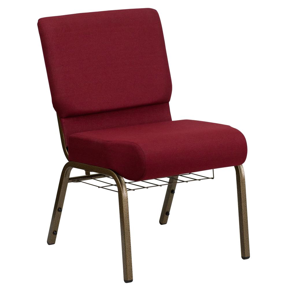 21''W Church Chair in Burgundy Fabric with Cup Book Rack - Gold Vein Frame