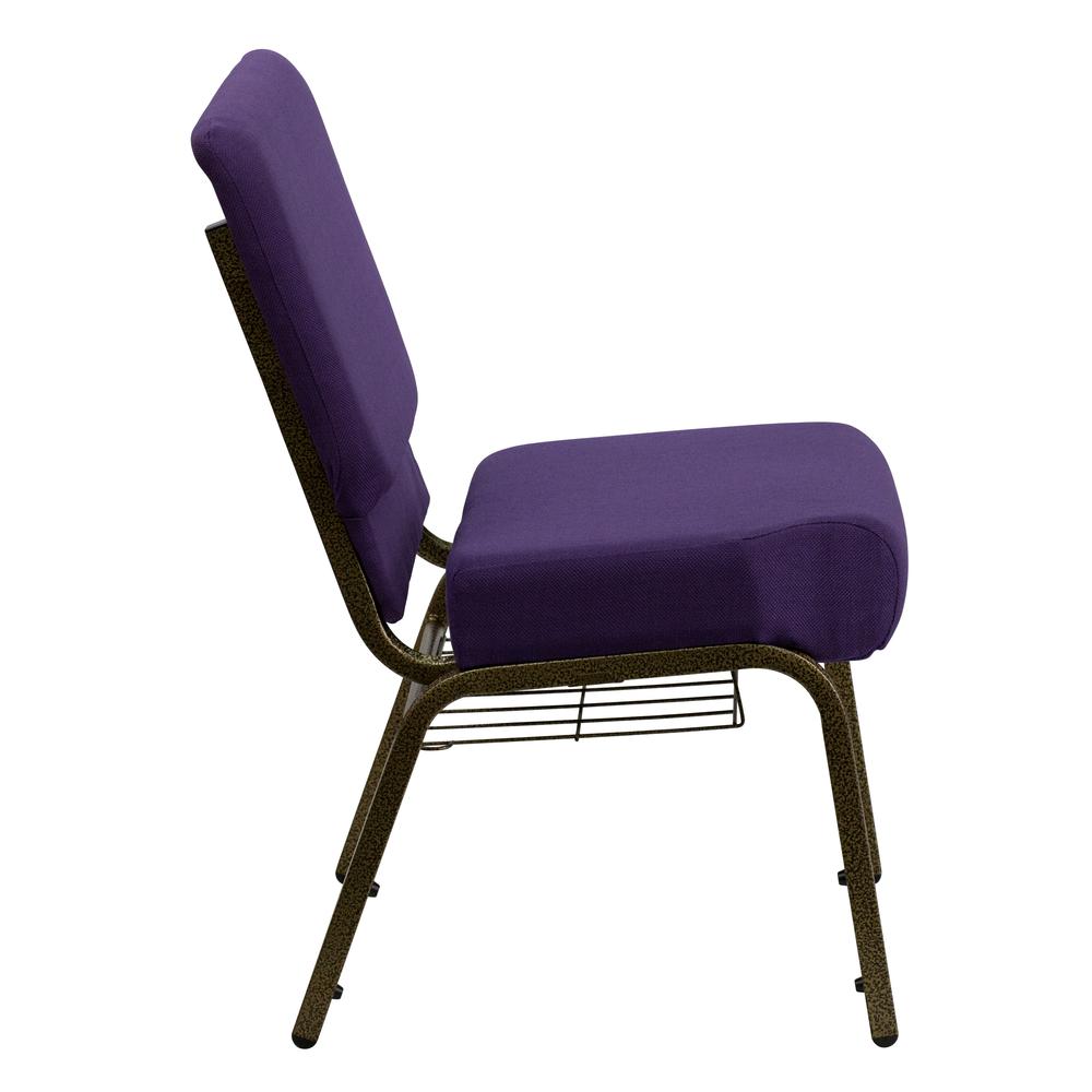 21''W Church Chair in Royal Purple Fabric with Cup Book Rack - Gold Vein Frame