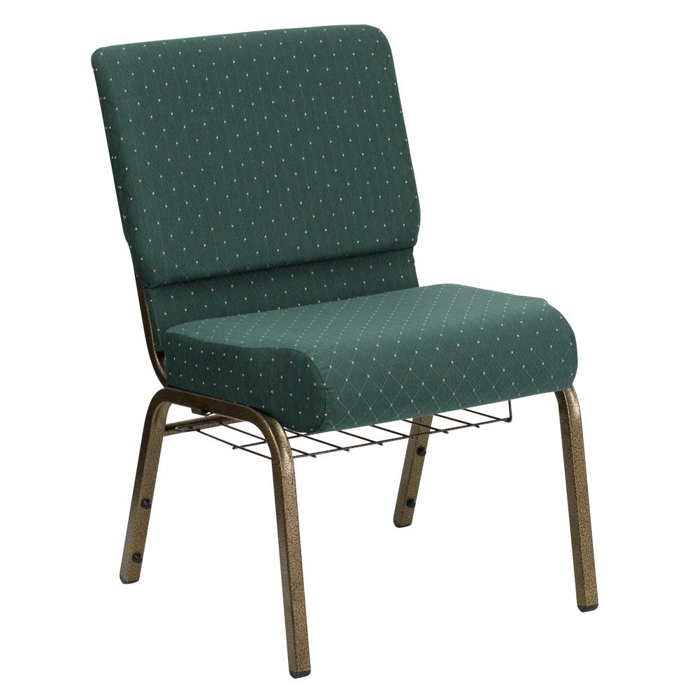 21''W Church Chair in Hunter Green Dot Fabric with Book Rack - Gold Vein Frame
