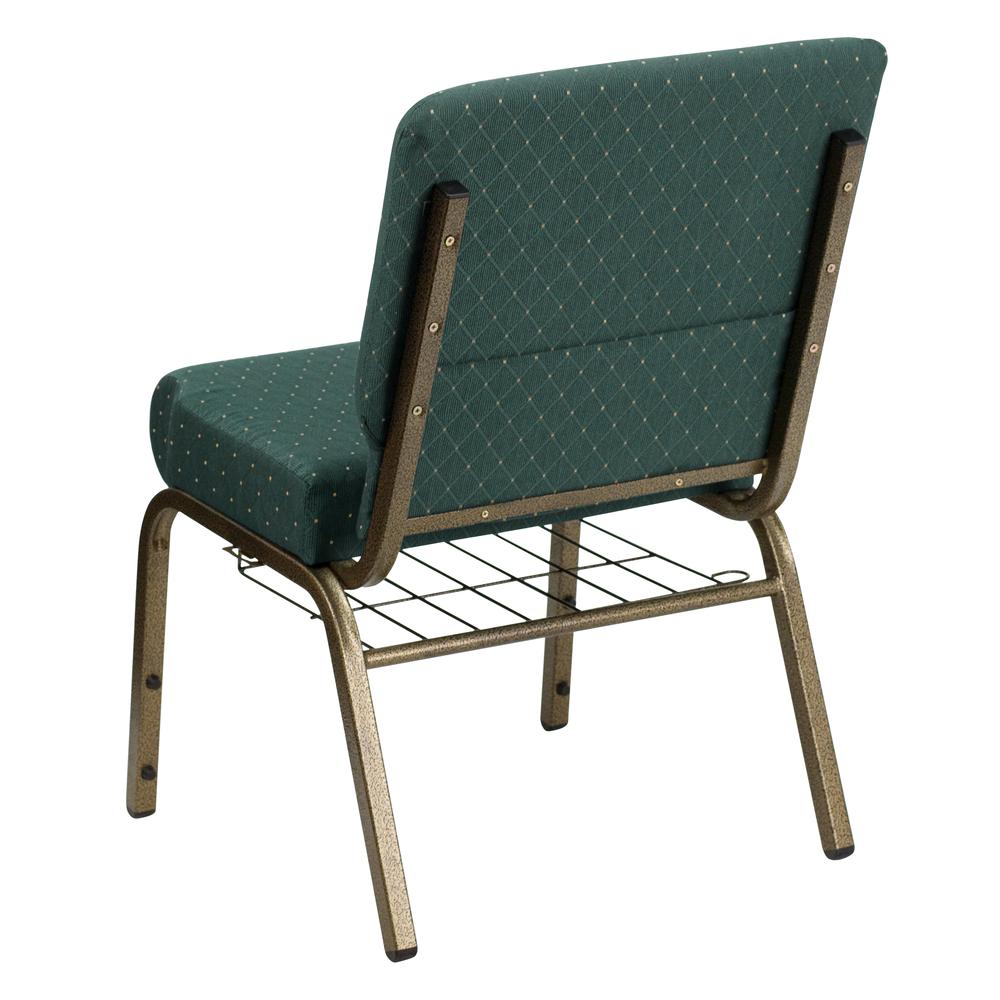 21''W Church Chair in Hunter Green Dot Fabric with Book Rack - Gold Vein Frame