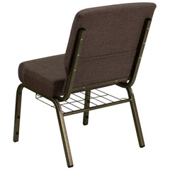 21''W Church Chair in Brown Fabric with Cup Book Rack - Gold Vein Frame