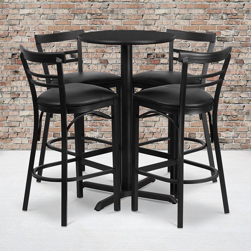 24'' Black Table Set with X-4 Two-Slat Metal Barstools - Black Vinyl Seat