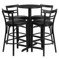 24'' Black Table Set with X-4 Two-Slat Metal Barstools - Black Vinyl Seat