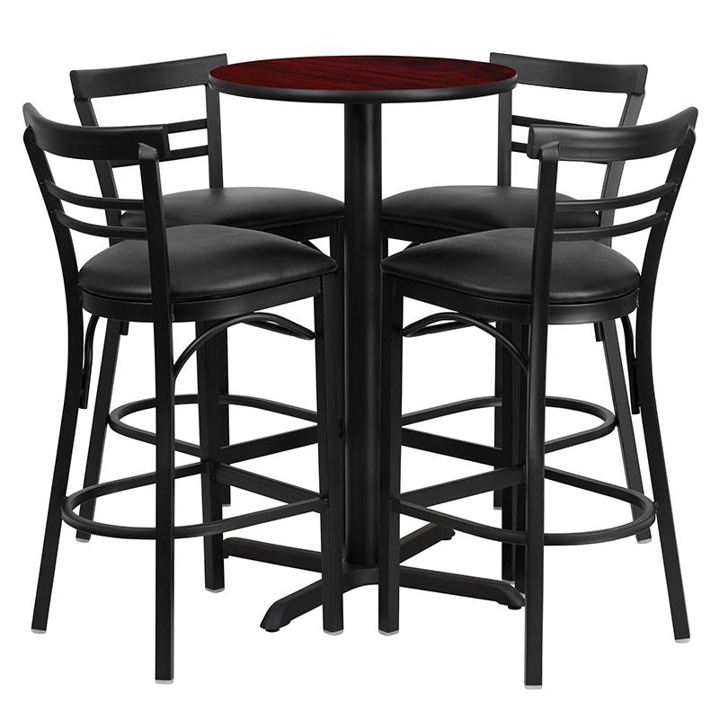 24'' Mahogany Table Set with X-4 Two-Slat Metal Barstools - Black Vinyl Seat