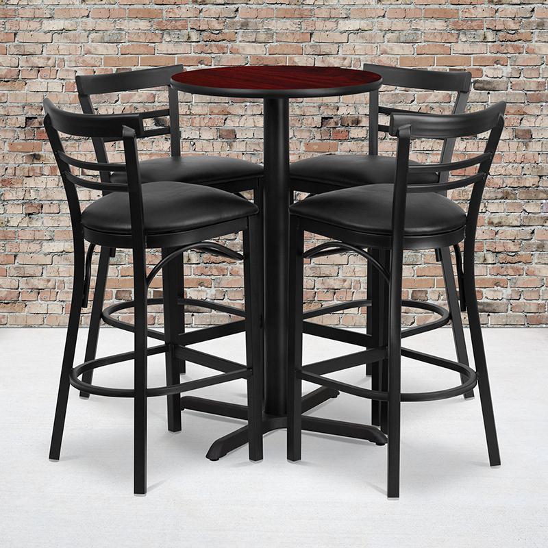 24'' Mahogany Table Set with X-4 Two-Slat Metal Barstools - Black Vinyl Seat