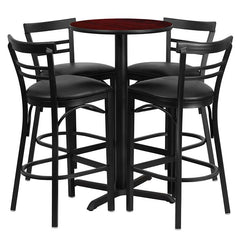 24'' Mahogany Table Set with X-4 Two-Slat Metal Barstools - Black Vinyl Seat