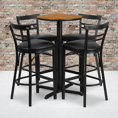 24'' Natural Table Set with X-4 Two-Slat Metal Barstools - Black Vinyl Seat