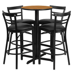 24'' Natural Table Set with X-4 Two-Slat Metal Barstools - Black Vinyl Seat