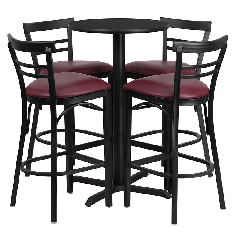 24'' Black Table Set with X-4 Two-Slat Metal Barstools - Burgundy Vinyl Seat