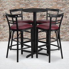 24'' Black Table Set with X-4 Two-Slat Metal Barstools - Burgundy Vinyl Seat