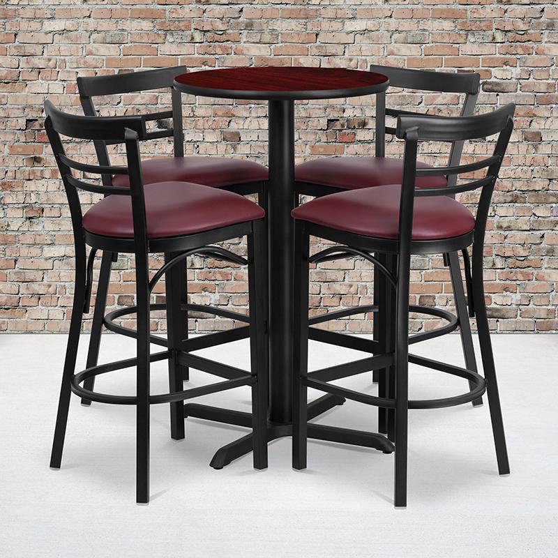 24'' Mahogany Table Set with X-4 Two-Slat Metal Barstools - Burgundy Vinyl Seat