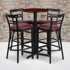 24'' Mahogany Table Set with X-4 Two-Slat Metal Barstools - Burgundy Vinyl Seat