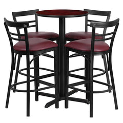 24'' Mahogany Table Set with X-4 Two-Slat Metal Barstools - Burgundy Vinyl Seat