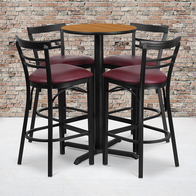 24'' Natural Table Set with X-4 Two-Slat Metal Barstools - Burgundy Vinyl Seat