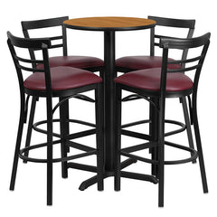 24'' Natural Table Set with X-4 Two-Slat Metal Barstools - Burgundy Vinyl Seat