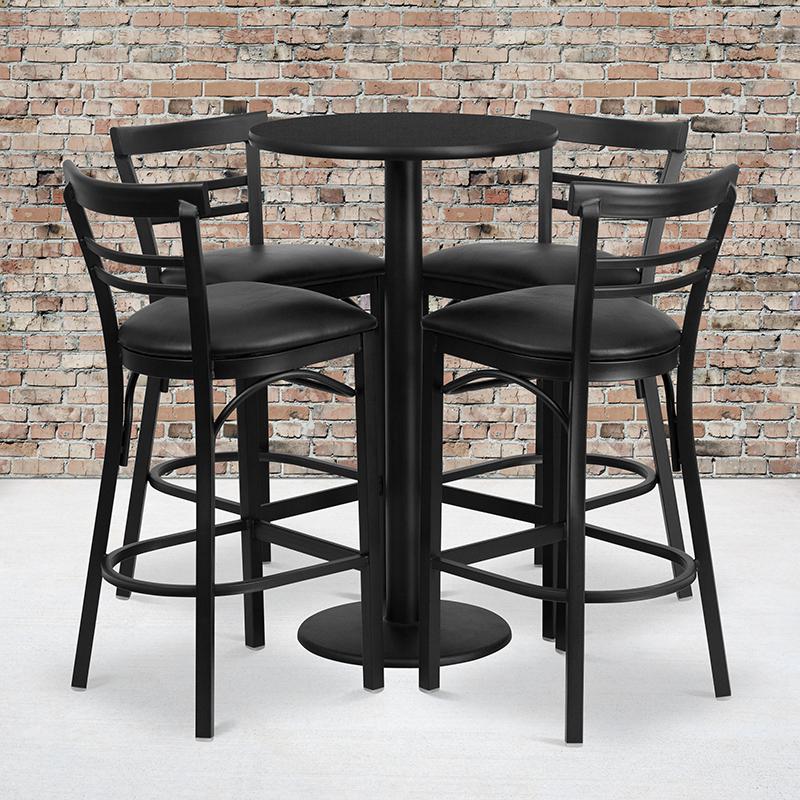 24'' Black Table Set with Base and 4 Two-Slat Metal Barstools - Black Vinyl Seat