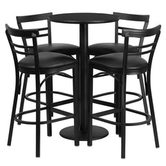 24'' Black Table Set with Base and 4 Two-Slat Metal Barstools - Black Vinyl Seat