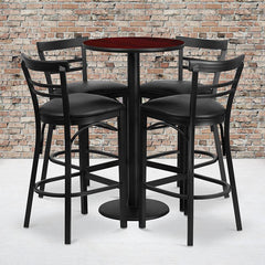 24'' Mahogany Table Set with 4 Two-Slat Metal Barstools - Black Vinyl Seat