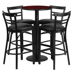 24'' Mahogany Table Set with 4 Two-Slat Metal Barstools - Black Vinyl Seat