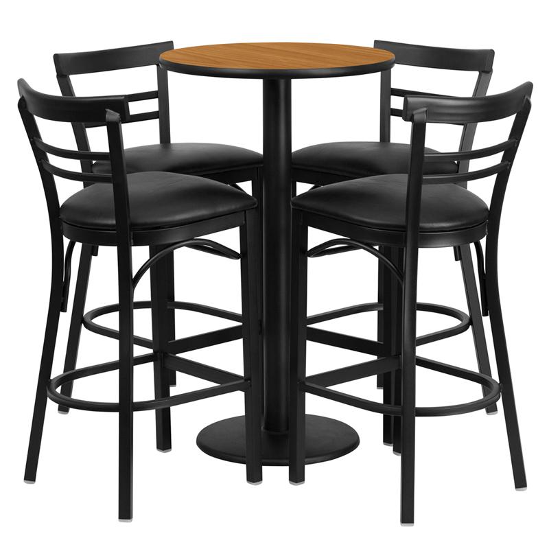 24'' Natural Table Set with 4 Two-Slat Metal Barstools - Black Vinyl Seat