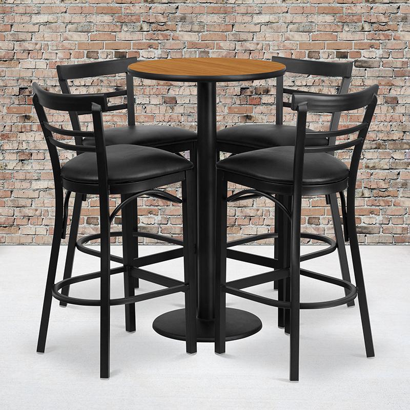 24'' Natural Table Set with 4 Two-Slat Metal Barstools - Black Vinyl Seat