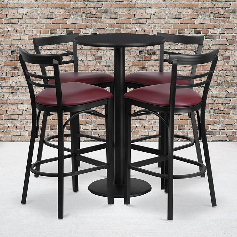 24'' Black Table Set with 4 Two-Slat Metal Barstools - Burgundy Vinyl Seat