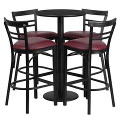 24'' Black Table Set with 4 Two-Slat Metal Barstools - Burgundy Vinyl Seat