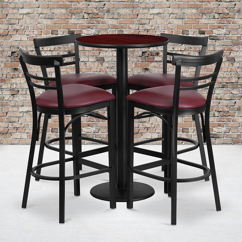 24'' Mahogany Table Set with 4 Two-Slat Metal Barstools - Burgundy Vinyl Seat