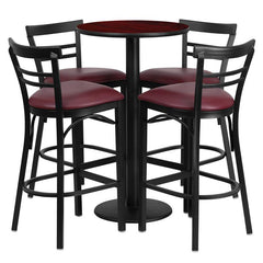 24'' Mahogany Table Set with 4 Two-Slat Metal Barstools - Burgundy Vinyl Seat