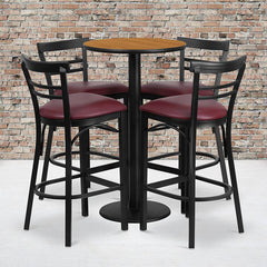 24'' Natural Table Set with 4 Two-Slat Metal Barstools - Burgundy Vinyl Seat