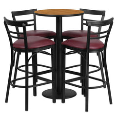 24'' Natural Table Set with 4 Two-Slat Metal Barstools - Burgundy Vinyl Seat