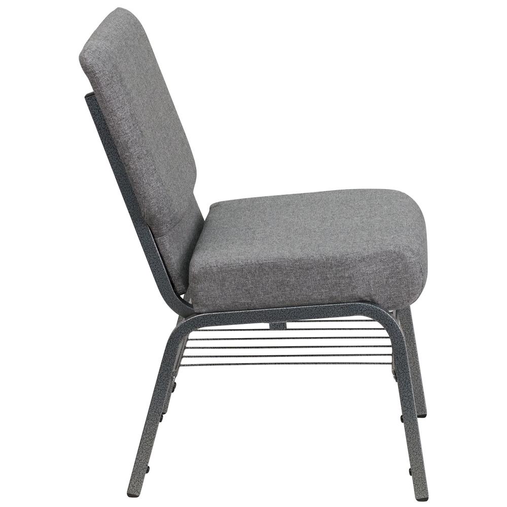 21''W Church Chair in Gray Fabric with Book Rack - Silver Vein Frame