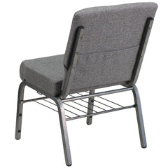 21''W Church Chair in Gray Fabric with Book Rack - Silver Vein Frame
