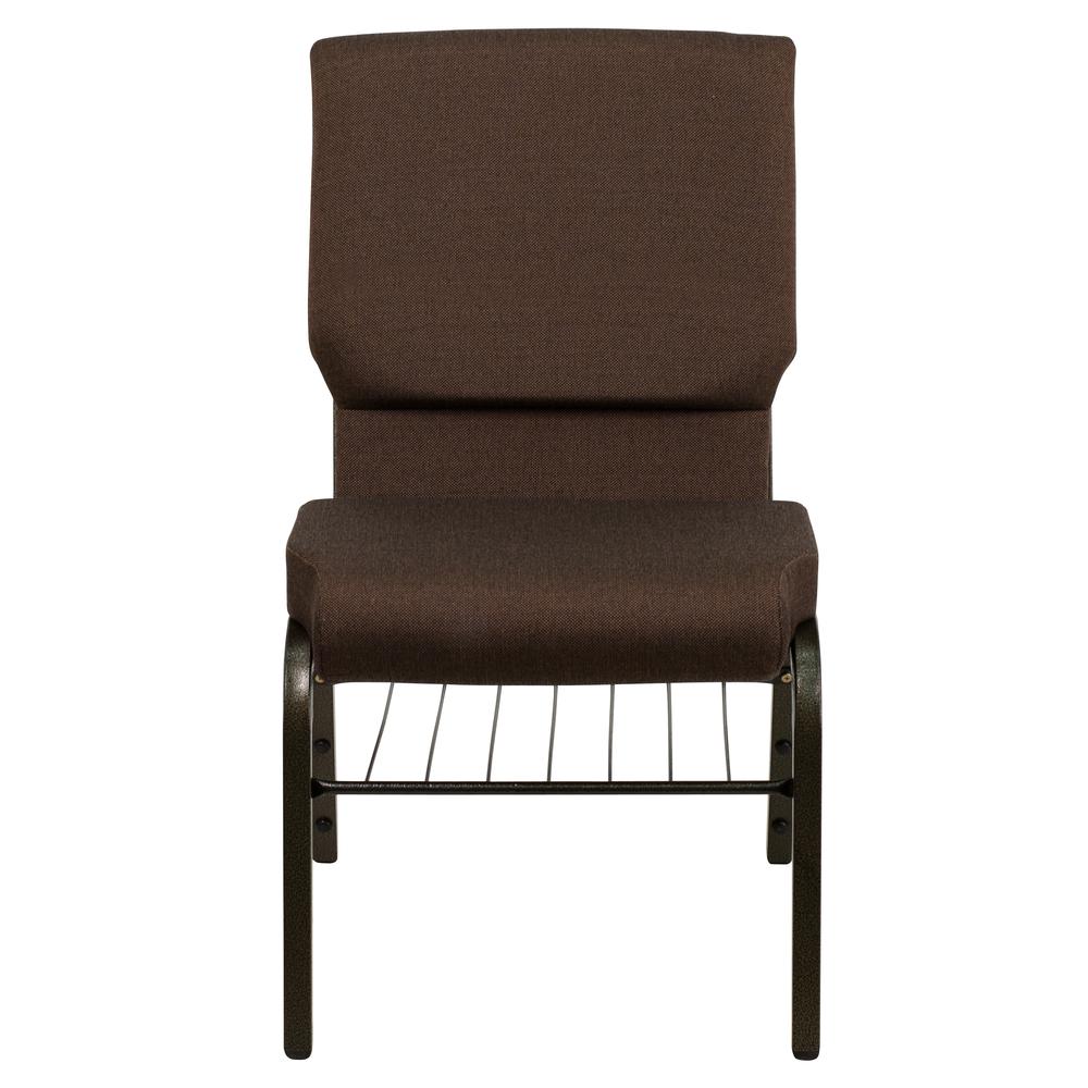 18.5''W Church Chair in Brown Fabric with Book Rack - Gold Vein Frame