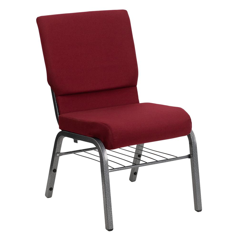 18.5''W Church Chair in Burgundy Fabric with Book Rack - Silver Vein Frame