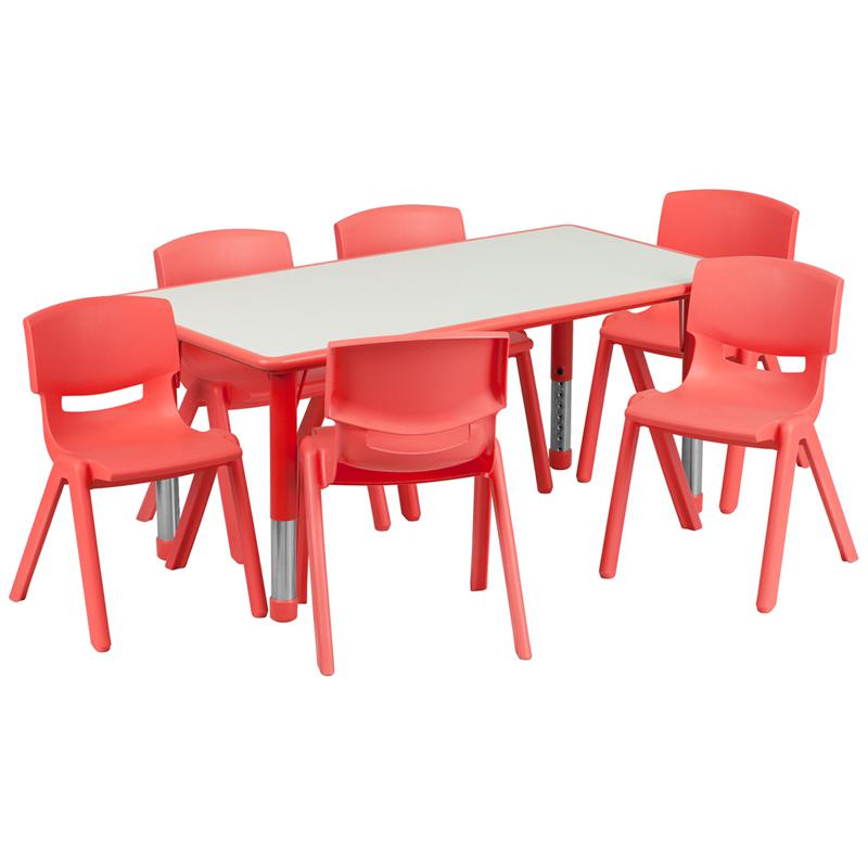 23.625''W x 47.25''L Red Plastic Height Activity Table Set with 6 Chairs