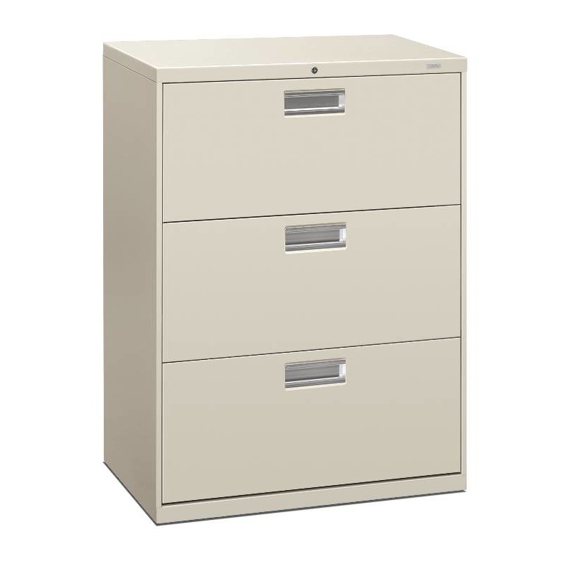 HON Brigade 600 Series Lateral File | 3 Drawers | Polished Aluminum Pull | 30"W x 19-1/4"D x 40-7/8"H | Light Gray Finish