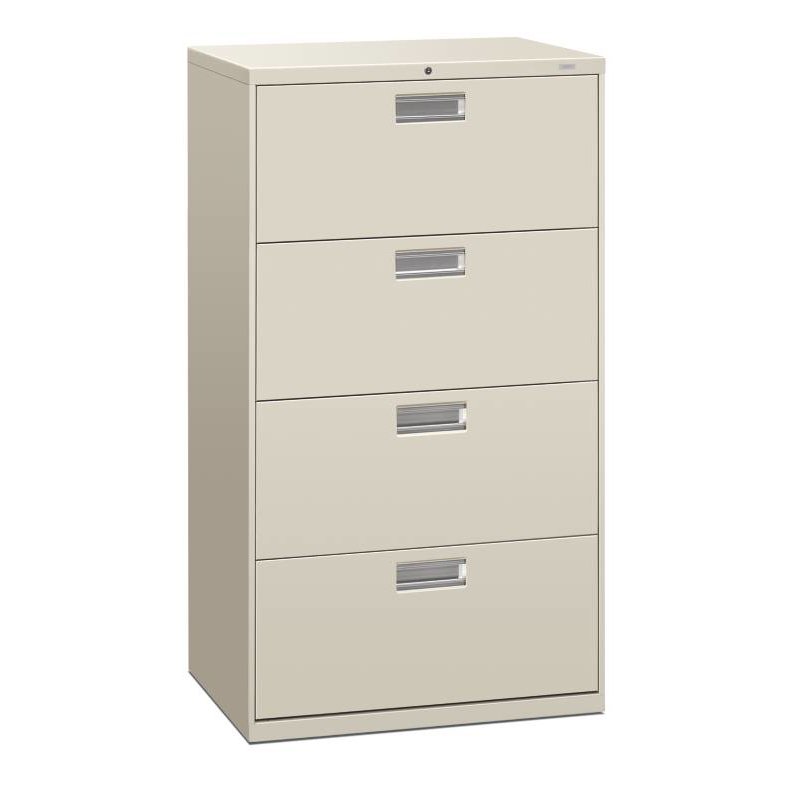 HON Brigade 600 Series Lateral File | 4 Drawers | Polished Aluminum Pull | 30"W x 19-1/4"D x 53-1/4"H | Light Gray Finish