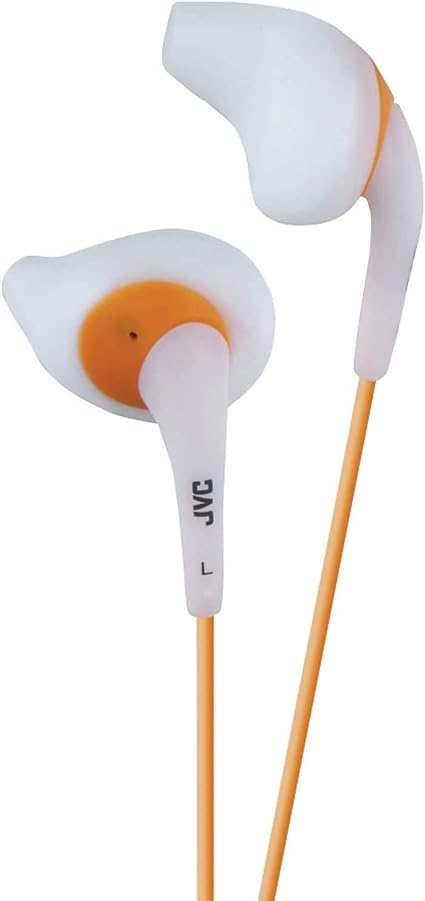 JVC White and Orange Nozzel Secure Comfort Fit Sweat Proof Gumy Sport Earbuds with long colored cord HA-EN10W