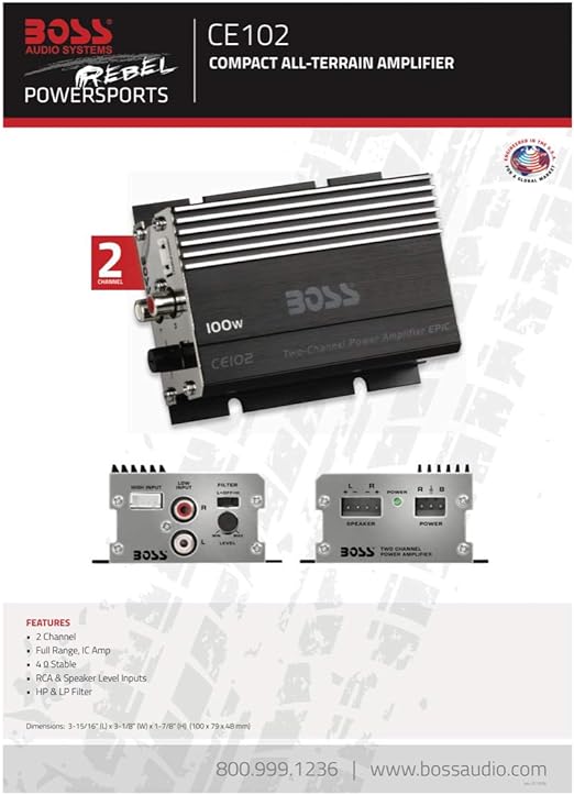 BOSS Audio Systems CE102 2 Channel Car Amplifier - 100 Watts, Full Range, Class A/B, IC (Integrated Circuit)