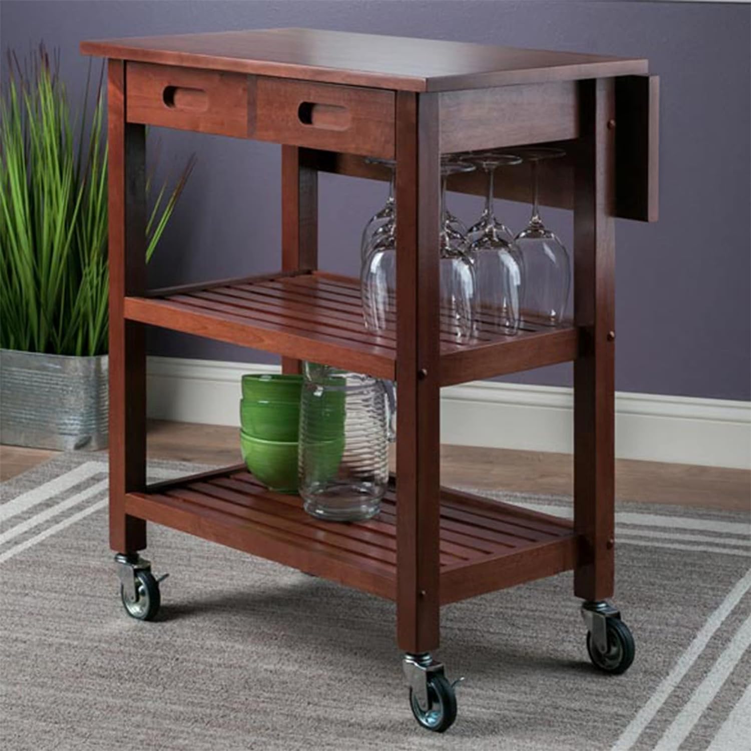 Winsome 94734 Jonathan 2 Drawer Rolling Kitchen Cart in Walnut