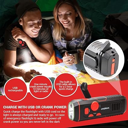 Life+Gear LG38-60675-RED 120-Lumen Stormproof USB Crank Flashlight & Radio