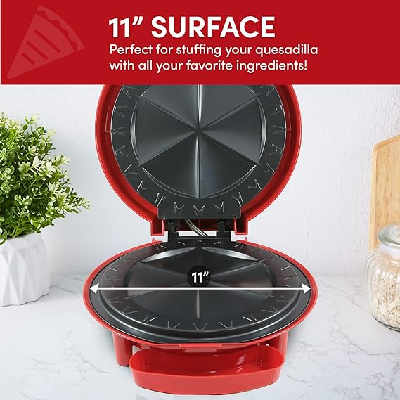 Elite Gourmet EQD-118 Electric Non-Stick Mexican Taco Tuesday 11" Quesadilla Maker, Easy-Slice 6-Wedge, Grilled Cheese, Red