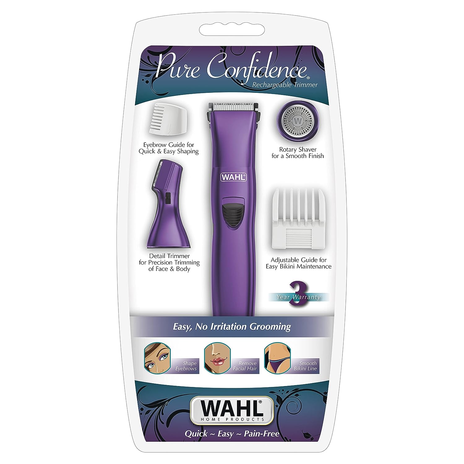 Wahl Pure Confidence Rechargeable Electric Trimmer, Shaver, & Detailer for Smooth Shaving & Trimming of The Face, Underarm, Eyebrows, & Bikini Areas – Model 9865-100