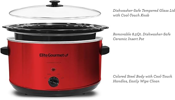Elite Gourmet MST-900RXT# Electric Ceramic XL Jumbo Slow Cooker, Adjustable Temp, Entrees, Sauces, Stews & Dips, Dishwasher Safe Glass Lid & Crock, 8.5Qt, MetallicRed
