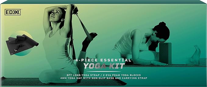 EDX Essential Yoga Kit with Mat, EVA Foam Blocks, Carrying Strap for Pilates, Workouts, Exercise | Set of 4